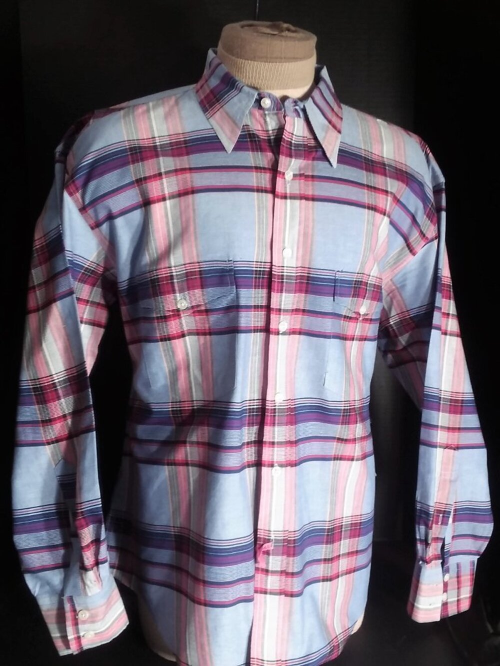 Men's PENDLETON Cotton Plaid Blue/Red/White 2 Pocket Long Sleeve Shirt Sz LARGE